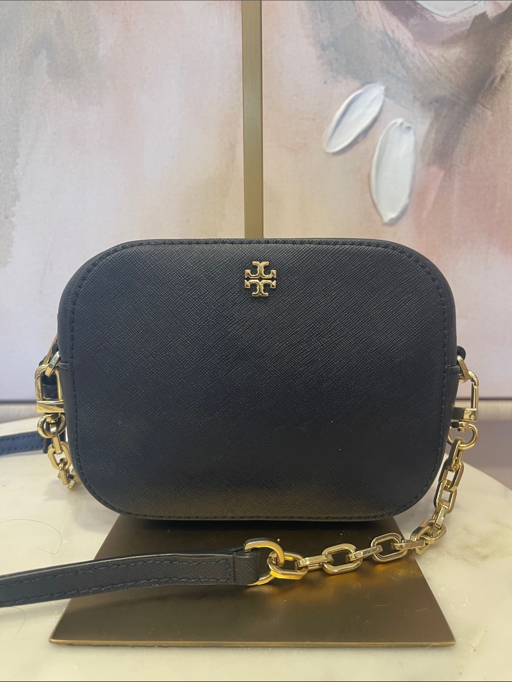 Tory Burch Navy Saffiano Leather Crossbody with Gold Hardware
